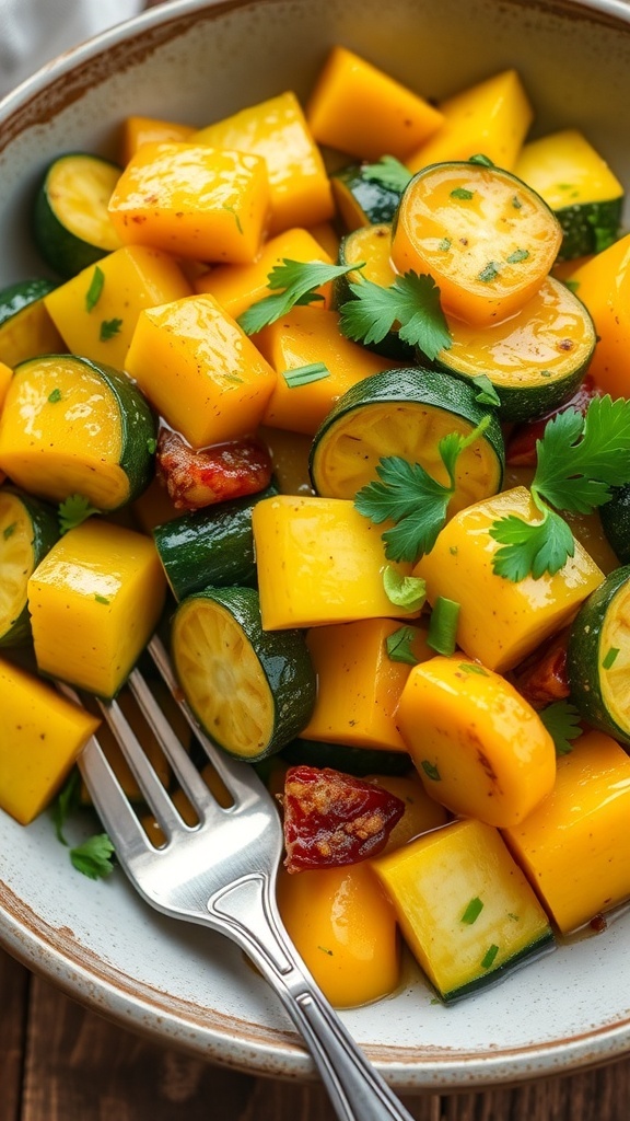 Sautéed zucchini and yellow squash in olive oil, garnished with parsley, served in a rustic bowl.